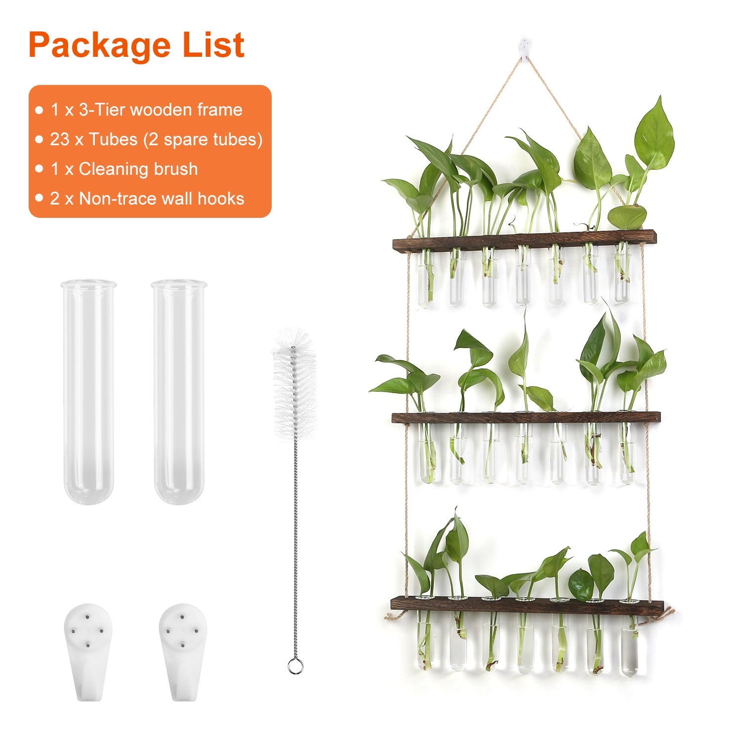 3-Tier Wall Hanging Planter Glass Hydroponic Vase Plant Flower Propagation Tube Planter Terrarium with Wooden Stand 