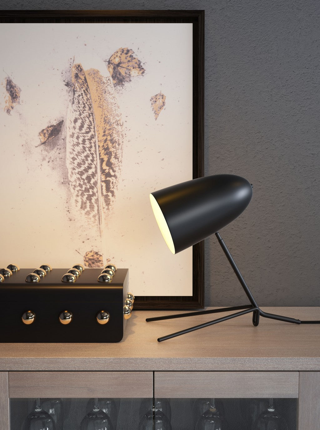 38" Black Metal Bedside Table Lamp With Black Dome Shade