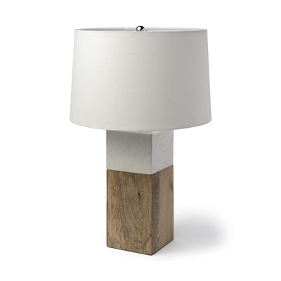 White Marble And Natural Wood Block Table Or Desk Lamp 