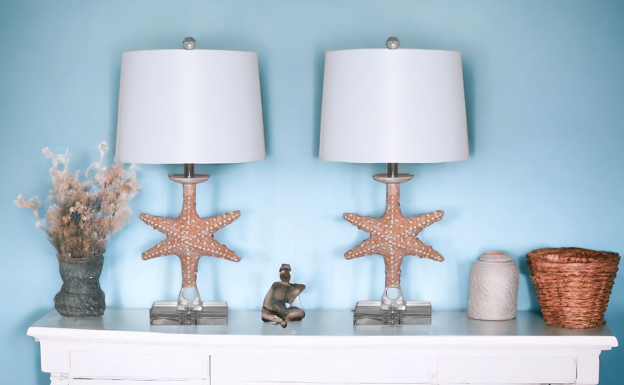 Set of 2 Orange Coastal Starfish Table Lamps