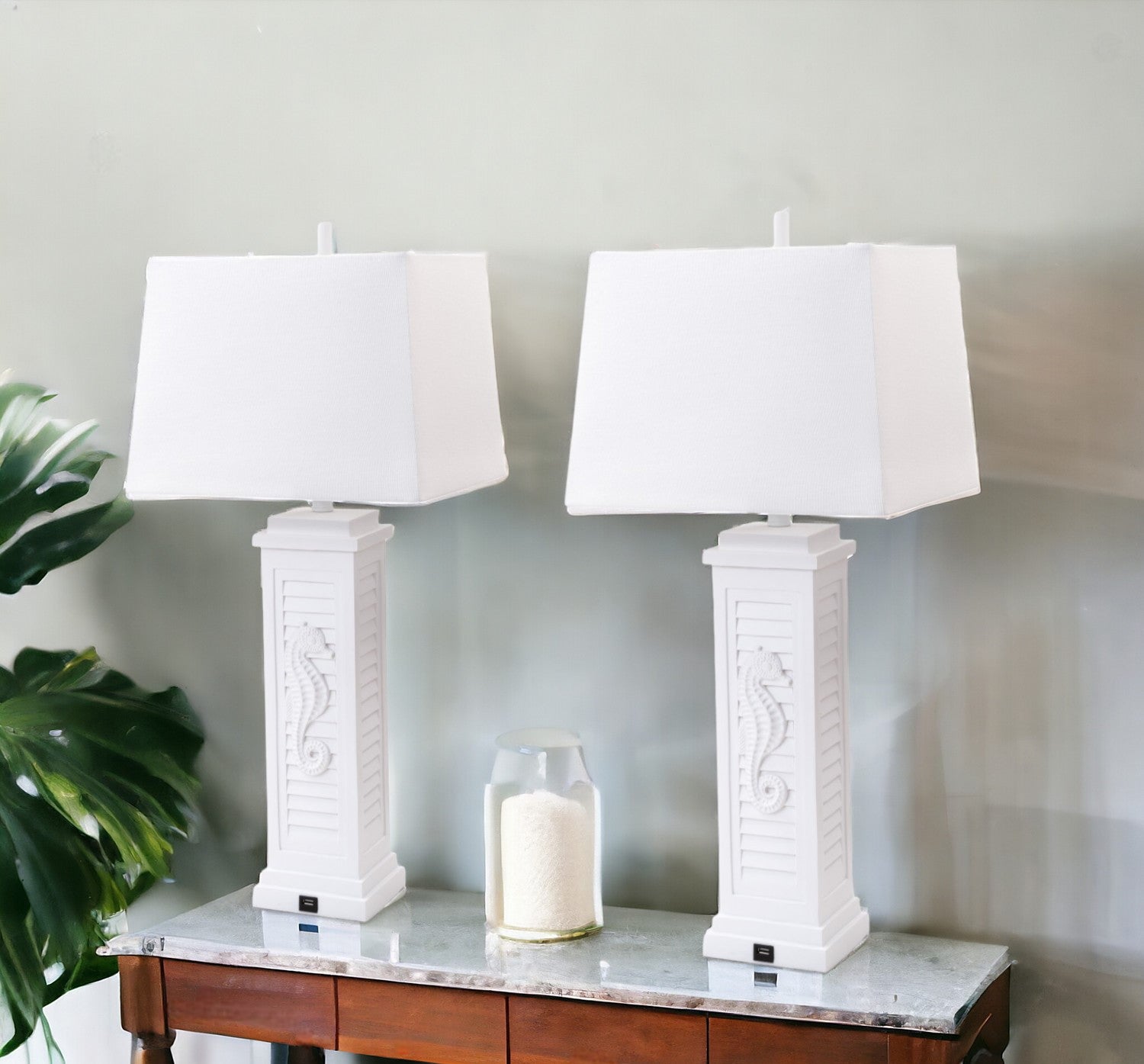 Set of 2 White Seahorse Shutter Base Table Lamps