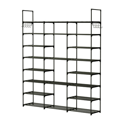 8-Tier 3-Row Shoe Rack Metal Shoe Storage Shelf Free Standing Large Shoe Stand 42 Pairs Shoe Tower Unit Tall Shoe Organizer with 2 Hooks for Entryway 
