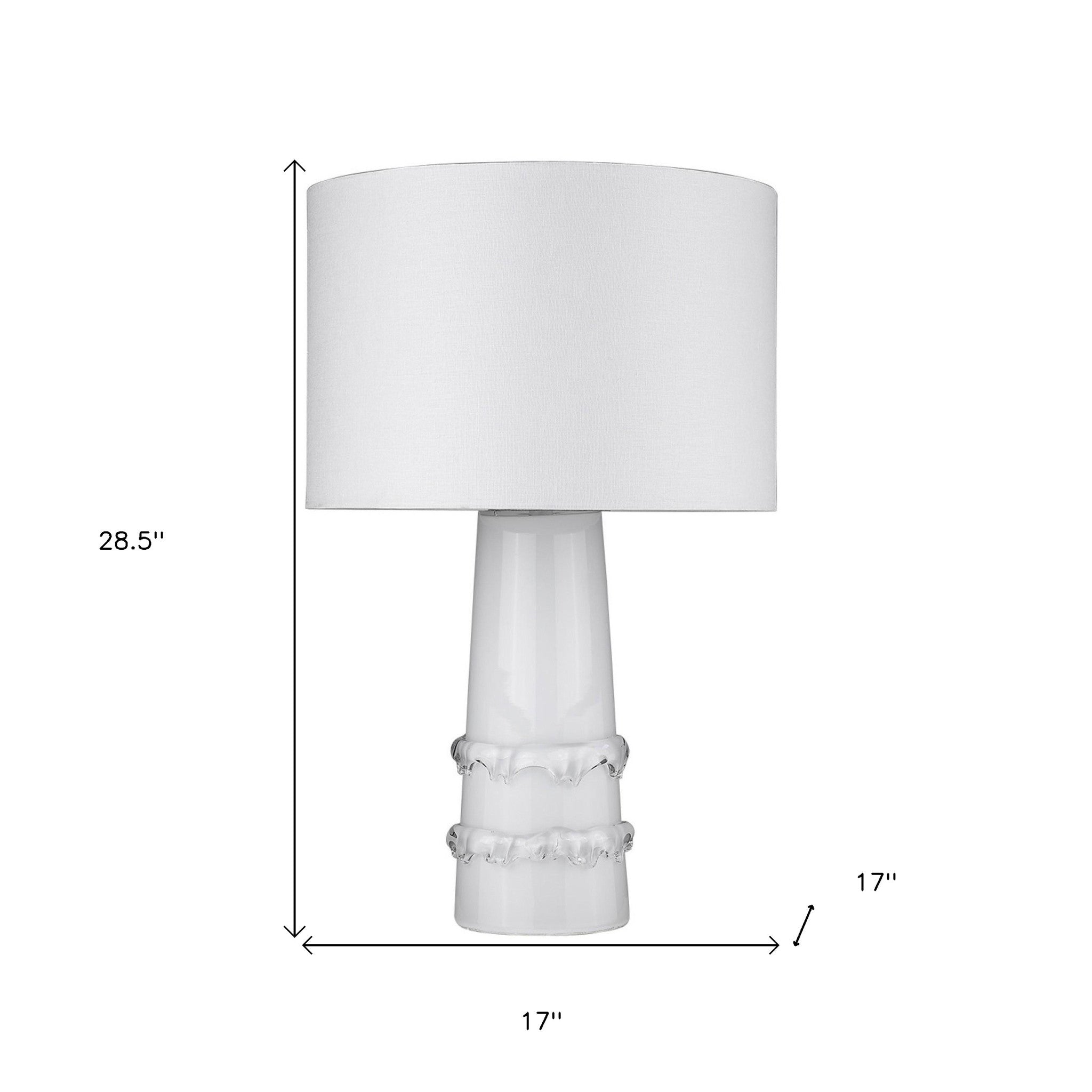 29" White Glass Column Table Lamp With White Drum Shade