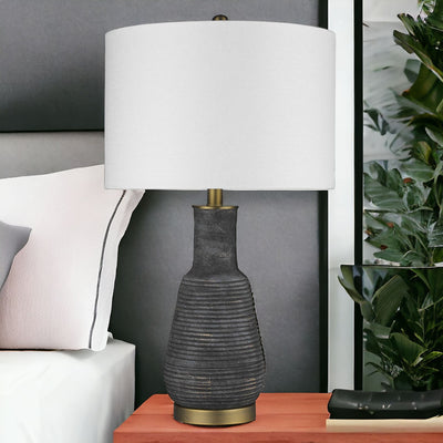 26" Black and Gold Metal Column Table Lamp With White Drum Shade 