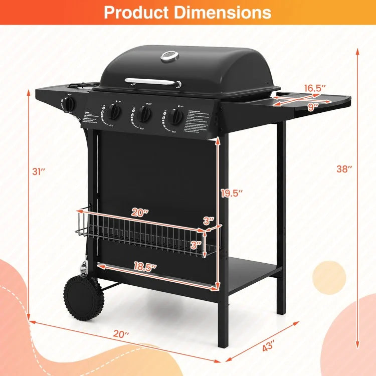 39,000 BTU Outdoor Propane Gas Grill with Side Burner, Portable BBQ Grill on Wheels with Warming Rack & Side Table