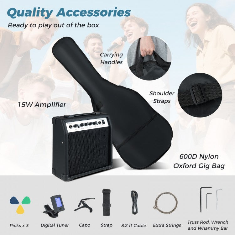 Full-Size Electric Guitar Starter Kit | 6-String Guitar with 15W Amplifier, Gig Bag & Accessories