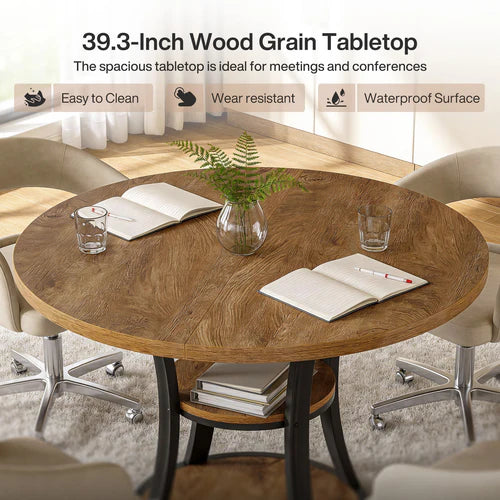 39" Round Conference Table Modern Meeting Room Table with Storage Shelf Metal Base for 2-4 People Industrial Rustic Brown Black