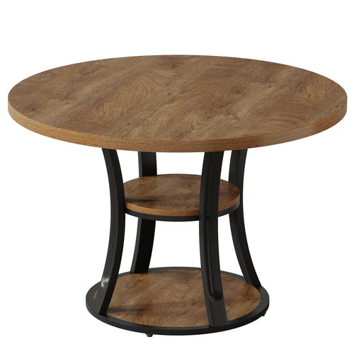 39" Round Conference Table Modern Meeting Room Table with Storage Shelf Metal Base for 2-4 People Industrial Rustic Brown Black