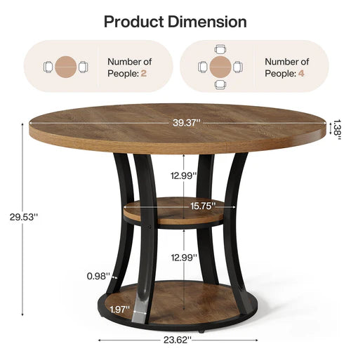 39" Round Conference Table Modern Meeting Room Table with Storage Shelf Metal Base for 2-4 People Industrial Rustic Brown Black