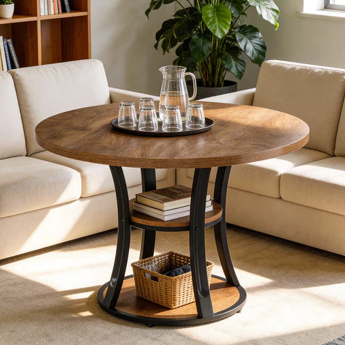 39" Round Conference Table Modern Meeting Room Table with Storage Shelf Metal Base for 2-4 People Industrial Rustic Brown Black