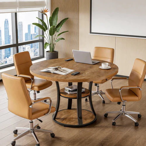 39" Round Conference Table Modern Meeting Room Table with Storage Shelf Metal Base for 2-4 People Industrial Rustic Brown Black