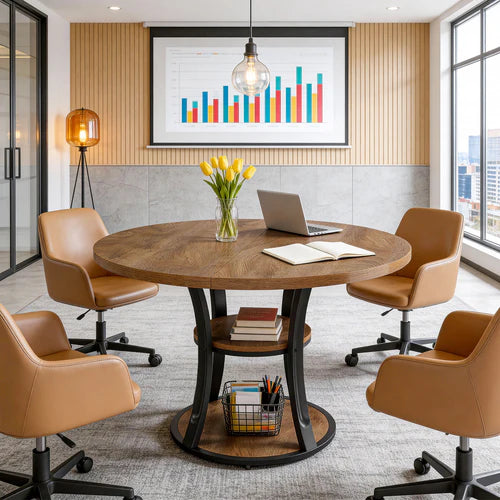 39" Round Conference Table Modern Meeting Room Table with Storage Shelf Metal Base for 2-4 People Industrial Rustic Brown Black