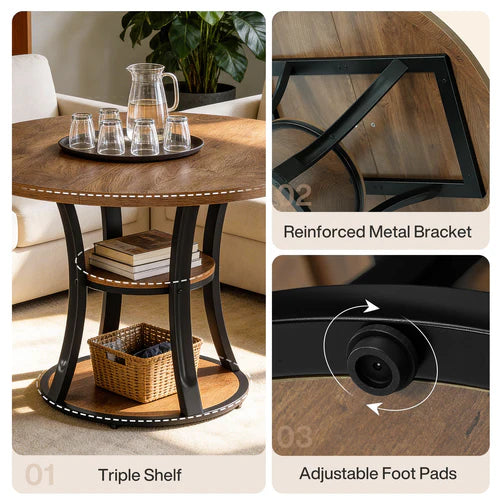 39" Round Conference Table Modern Meeting Room Table with Storage Shelf Metal Base for 2-4 People Industrial Rustic Brown Black