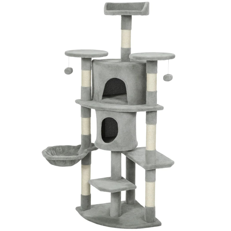 62" Cat Tree with Scratching Post, 2 Condos, Hammock, Perches, Plush, Pompoms, for Indoor Cats, Light Grey