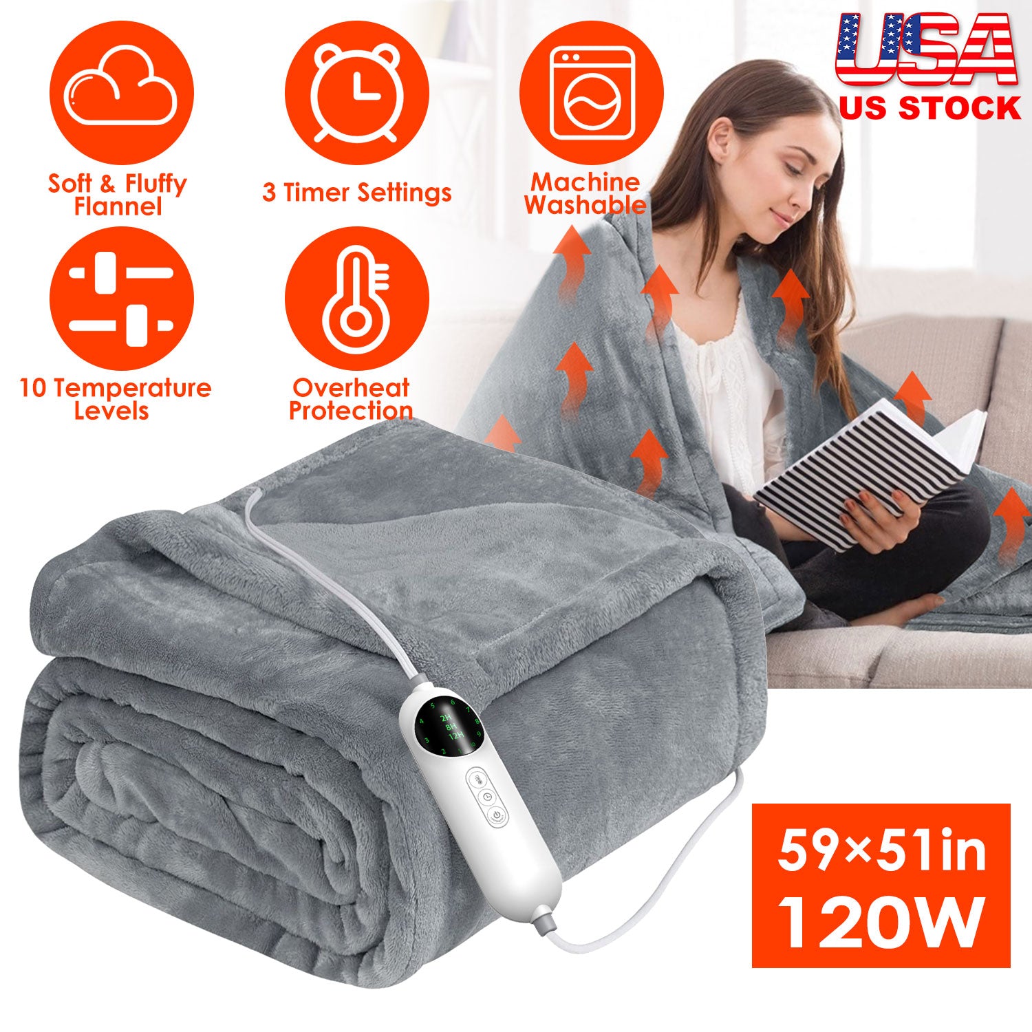 Electric Heated Throw Flannel Heated Blanket with 10 Heat Settings Auto off Washable for Home Office Usage 59x51in