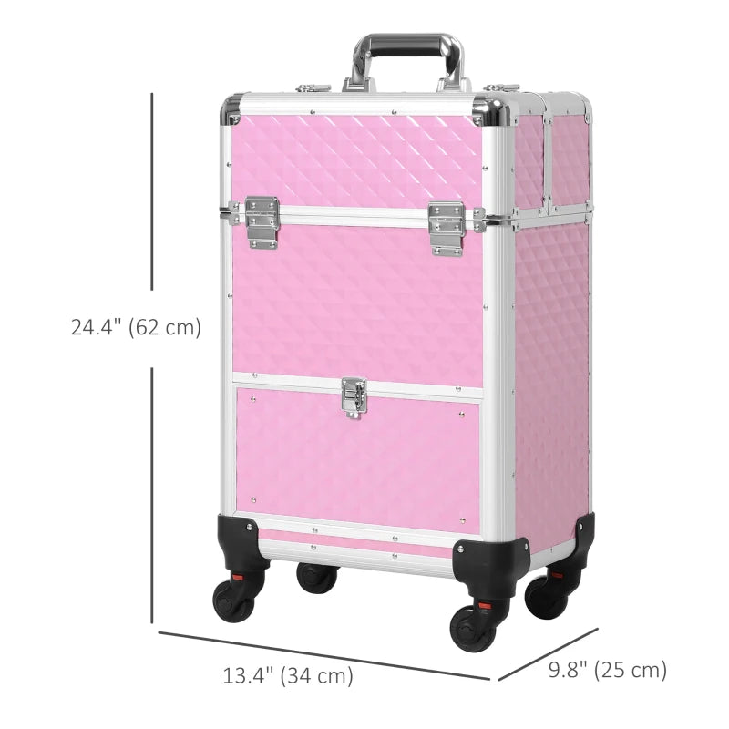 Portable Aluminum Makeup Train Cases, Rolling Makeup Case, Salon Beauty Cosmetic Jewelry Organizer Trolley with 4 Wheels, Pink