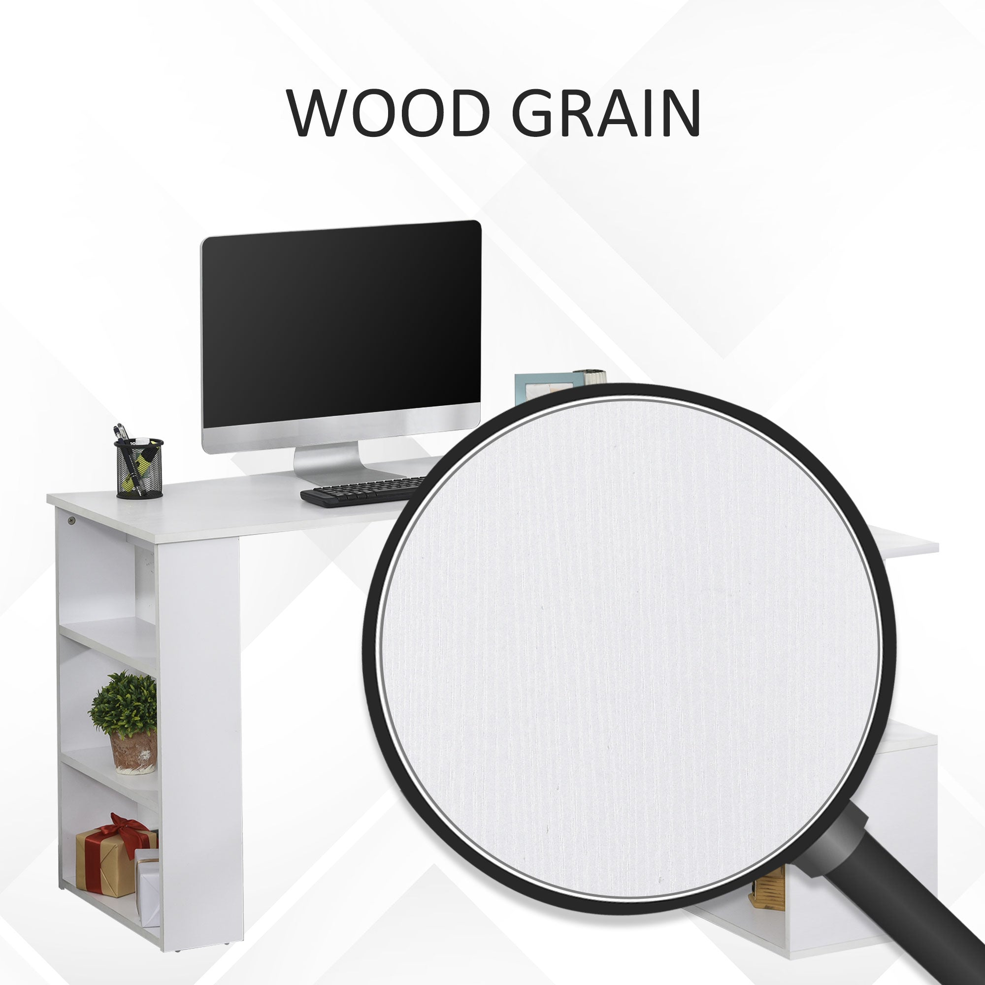 HOMCOM White L-Shaped Desk - 360° Rotating Corner Computer Writing Table with Storage Shelf for Home Office 