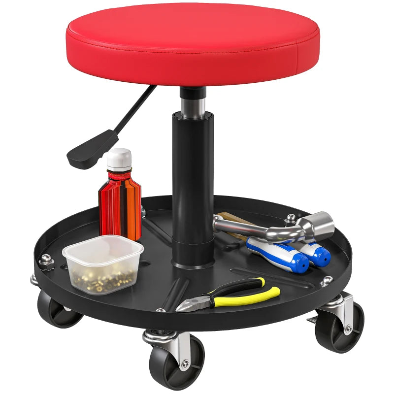 Rolling Garage Stool, 300 LBS Capacity Padded Mechanic Stool with 2.5" Wheels, Adjustable Height 15" -19.7", Red