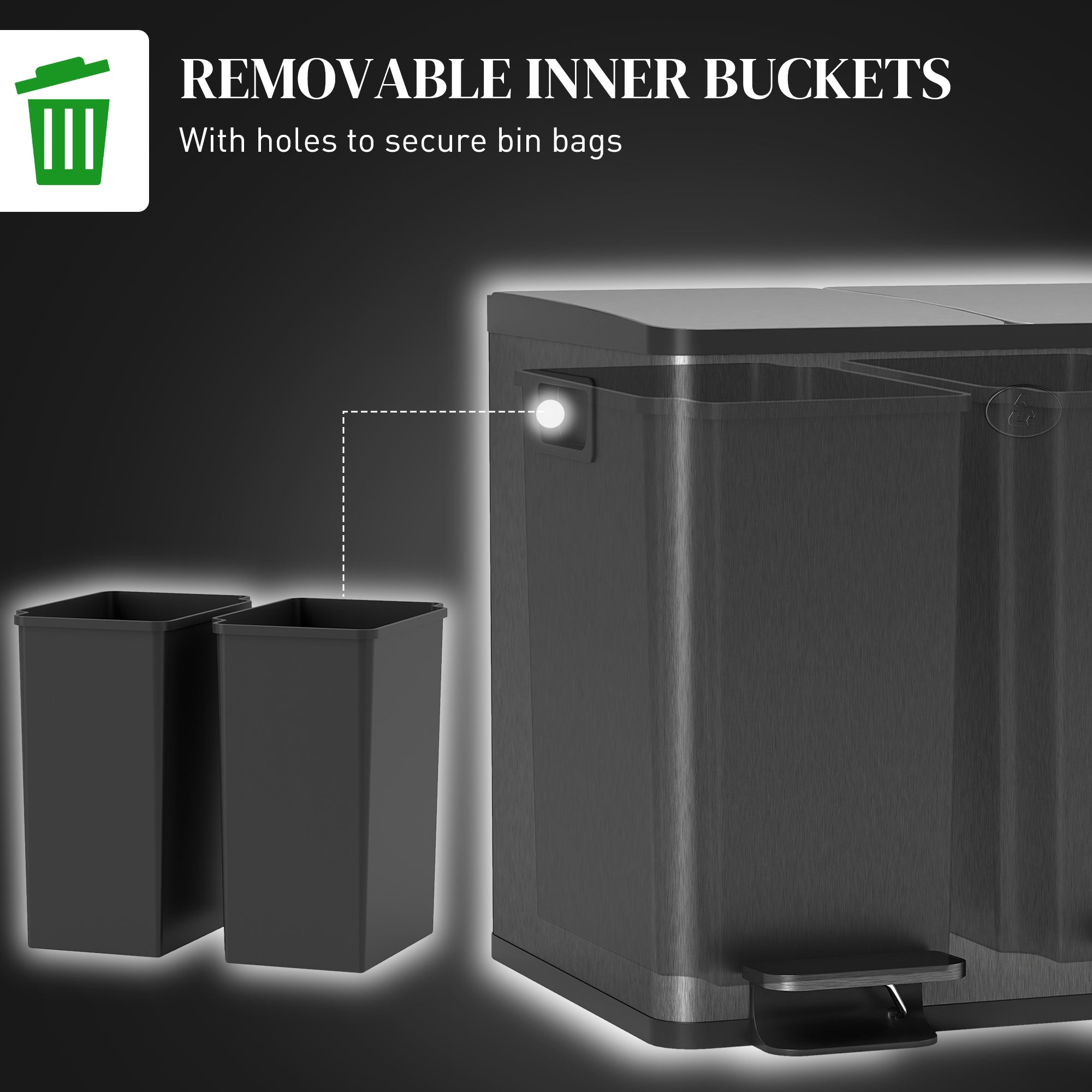 HOMCOM Dual Garbage Bin, Soft-Close Trash Can with Foot Pedal, 2 x 15 Liter Garbage Can with Removable Inner Buckets, Black 