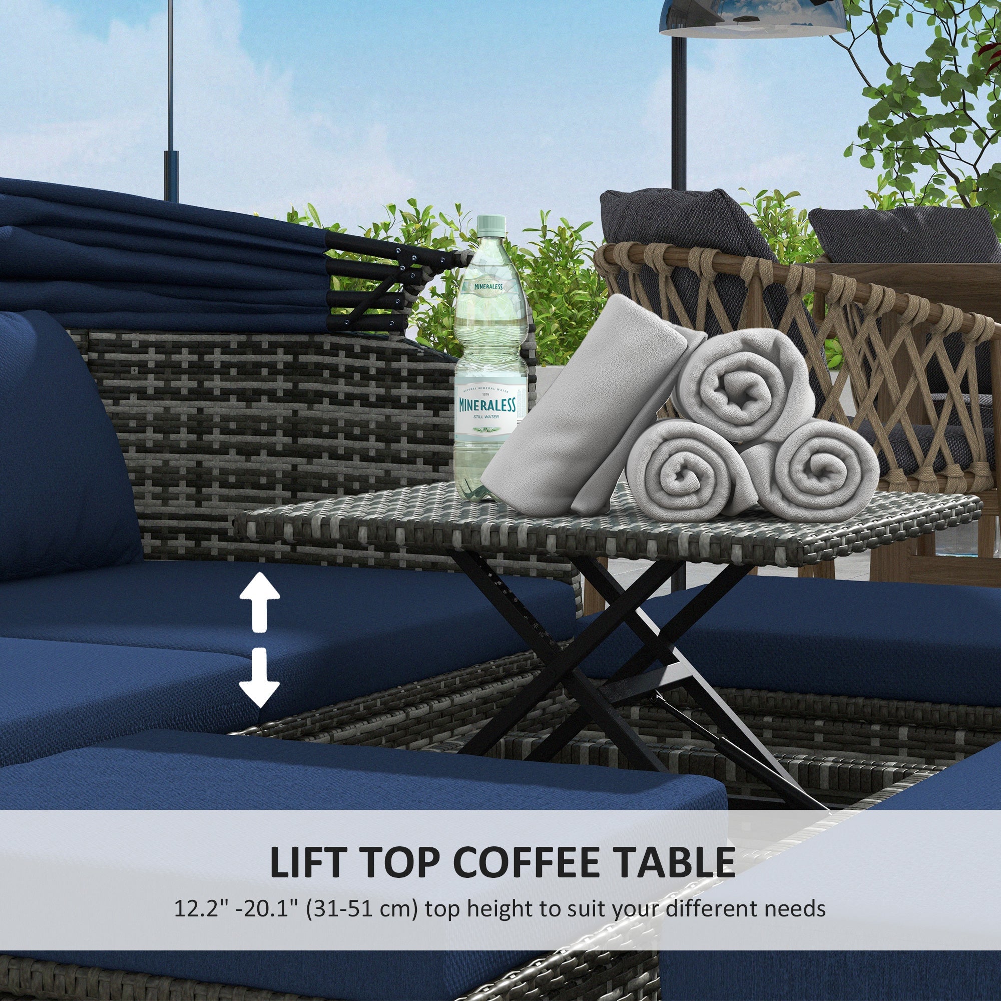 Outsunny 6-Piece Patio Set, PE Rattan Outdoor Daybed with Canopy and Lift up Coffee Table, Conversation Sofa Sets w/ Footstools 