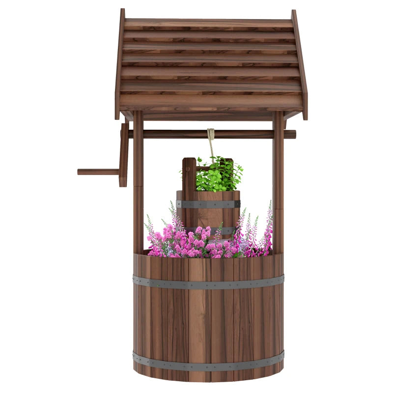Wood Wishing Well Outdoor Wooden Planter with Hanging Bucket and Drainage Hole for Garden, Patio, Backyard, Tan