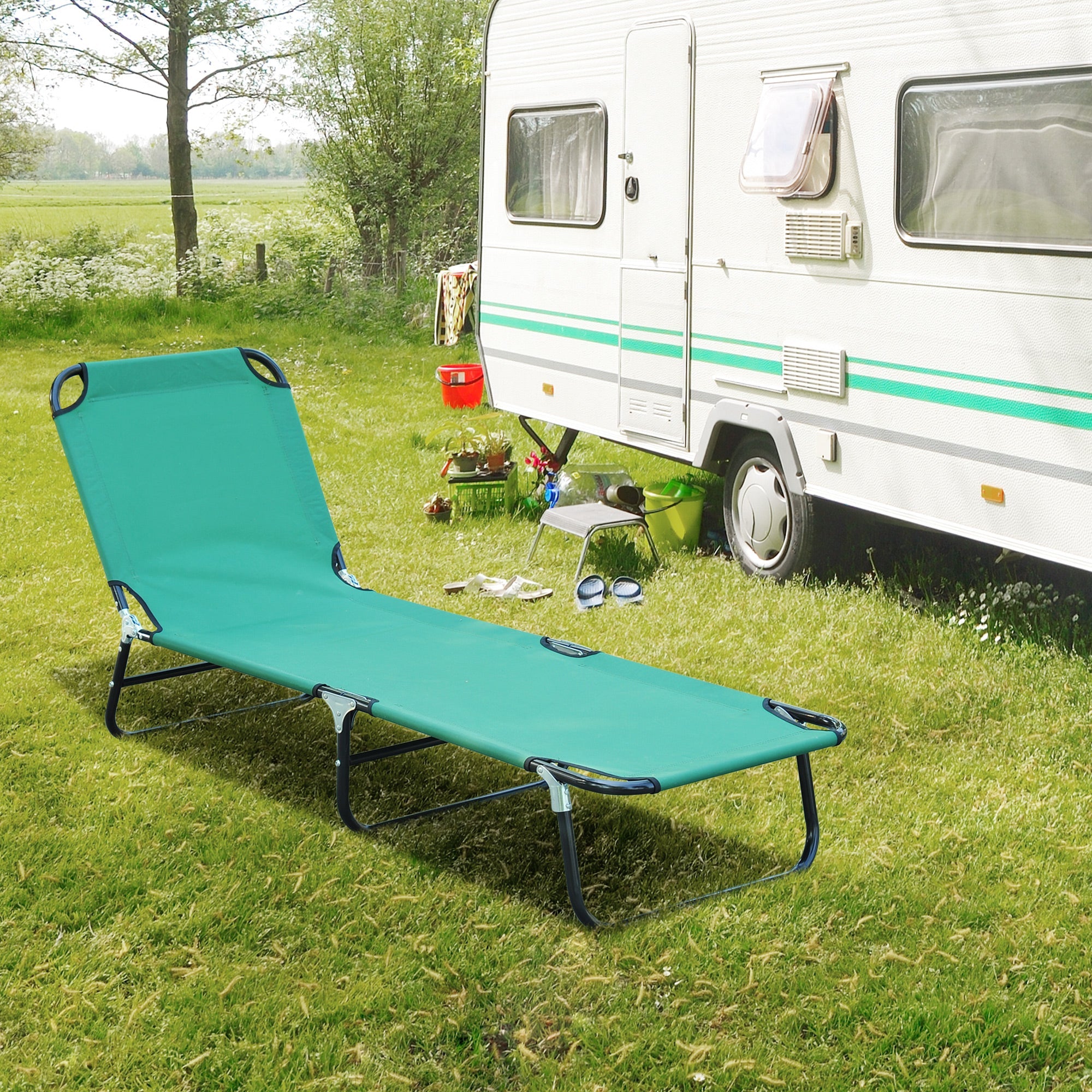 Outsunny Portable Folding Beach Lounge Chair, Reclining Patio Sun Lounger Bed, Green - Ideal for Camping & Garden 