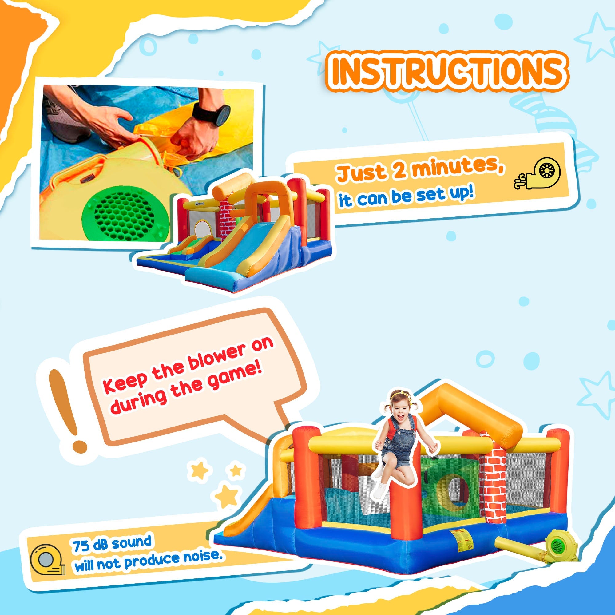 Outsunny 4-in-1 Castle Bounce House for Kids Extra Large Dual Slides Trampoline Carry Bag Air Blower 