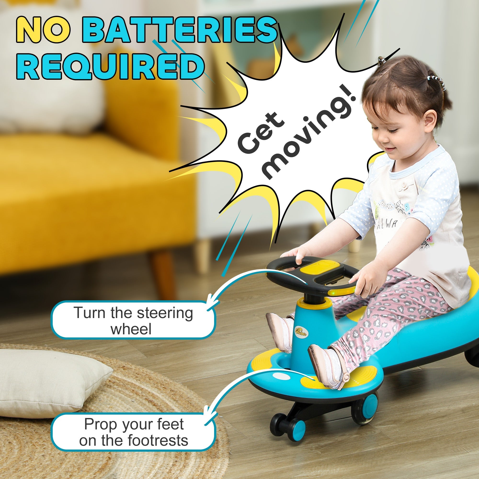 Qaba Kids Wiggle Car w/ Parent Traction Rope, Music, Light, Blue 