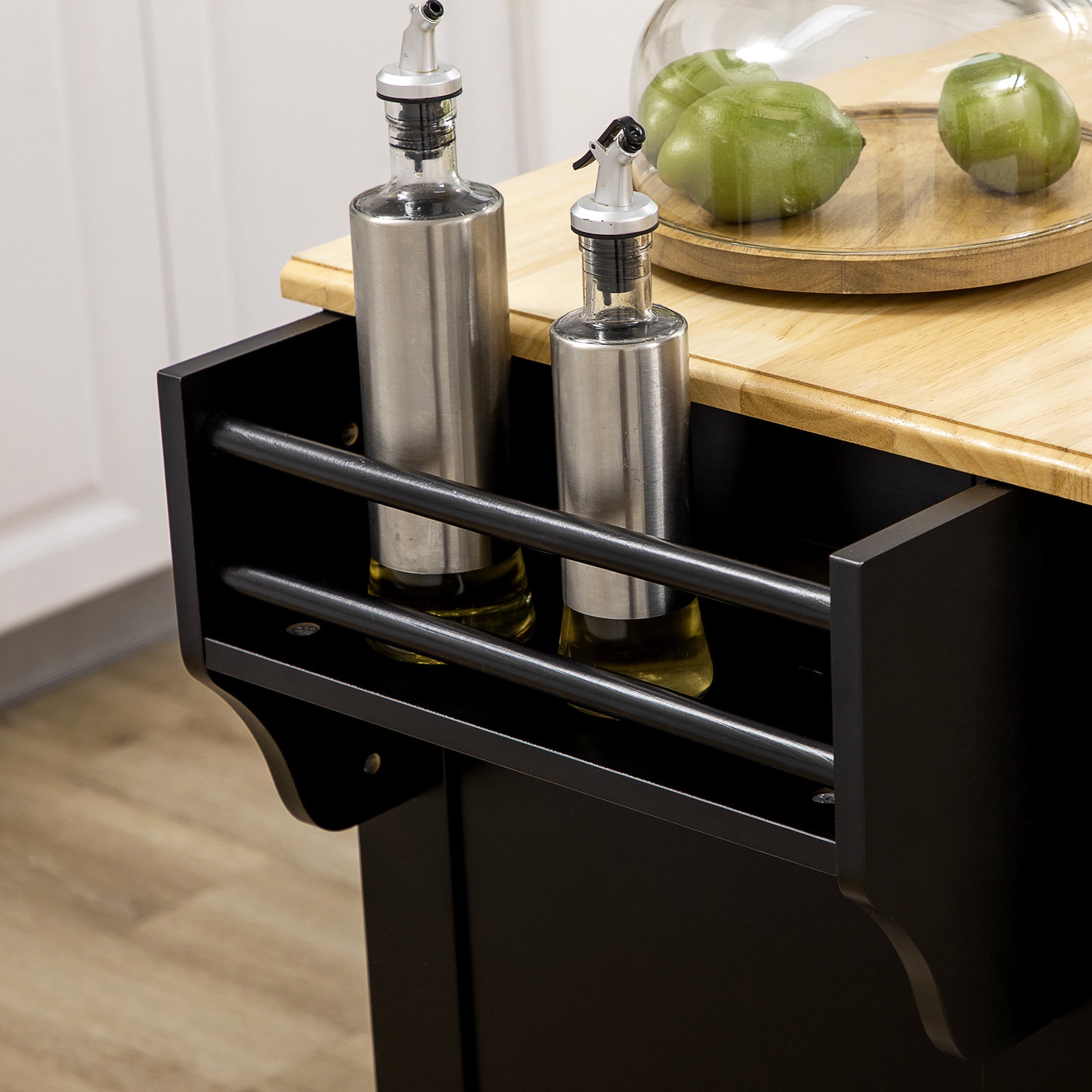 HOMCOM Kitchen Island Cart Wood Top Towel Rack Drawer Cabinet Black Mobile Furniture Prep Station 