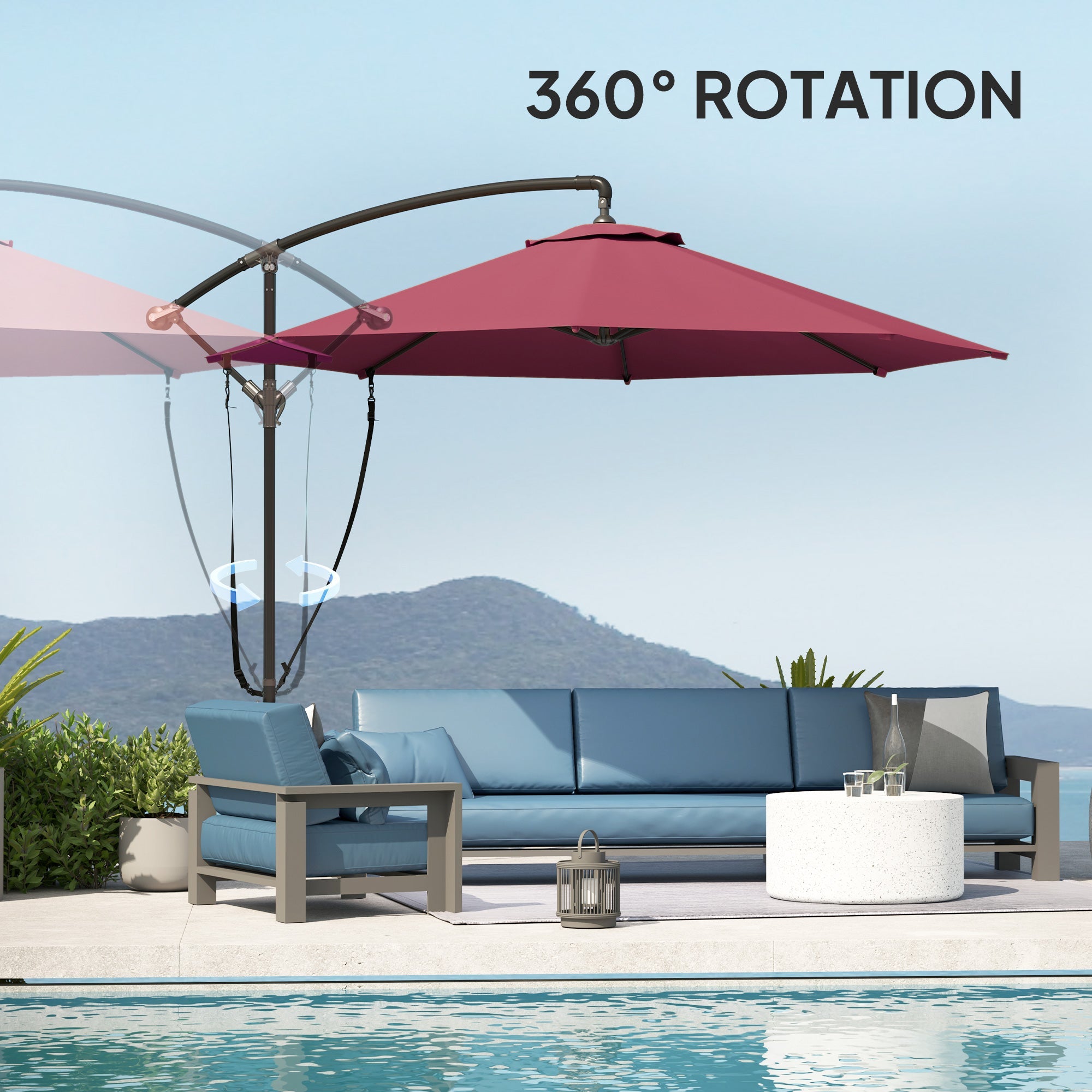 Outsunny 9.5' Cantilever Umbrella with Wind Protection Strap and Cover, Hanging Umbrella with Crank and Cross Base, UPF 50+, Red 