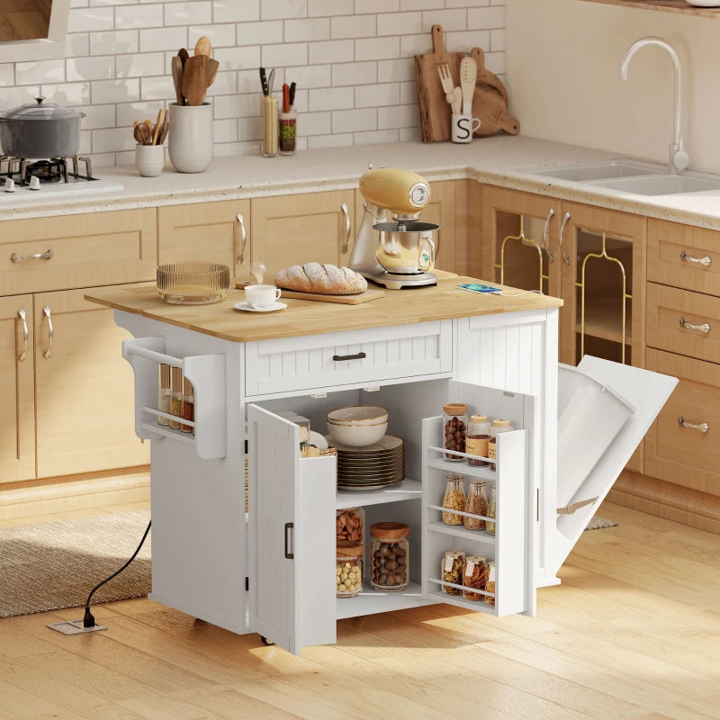 Kitchen Island Cart, Portable Kitchen Island Table with Charging Station, Rubber Wood Drop Leaf, Trash Storage, White