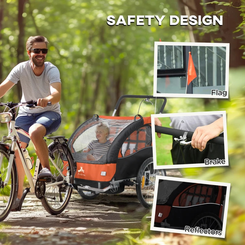 Aosom 2-in-1 Bike Trailer for Kids, Foldable 2-Seat Baby Stroller with 5-Point Harness, Rubber Wheels, Storage Bag, Orange