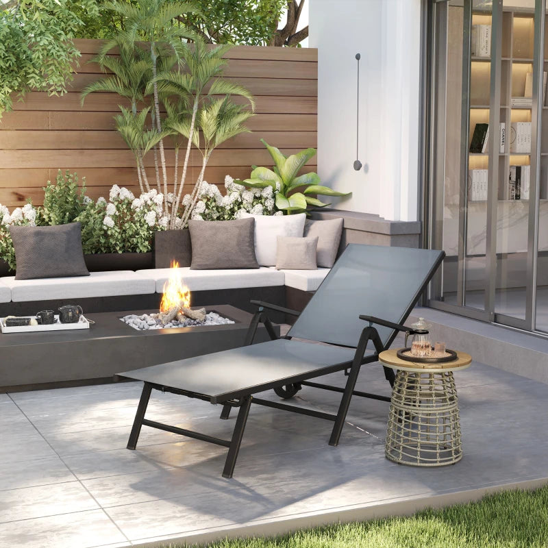 Outdoor Lounge Chair, 5-Level Adjustable Folding Chaise Chair with 2 Wheels for Backyard, Beach, Poolside, Grey