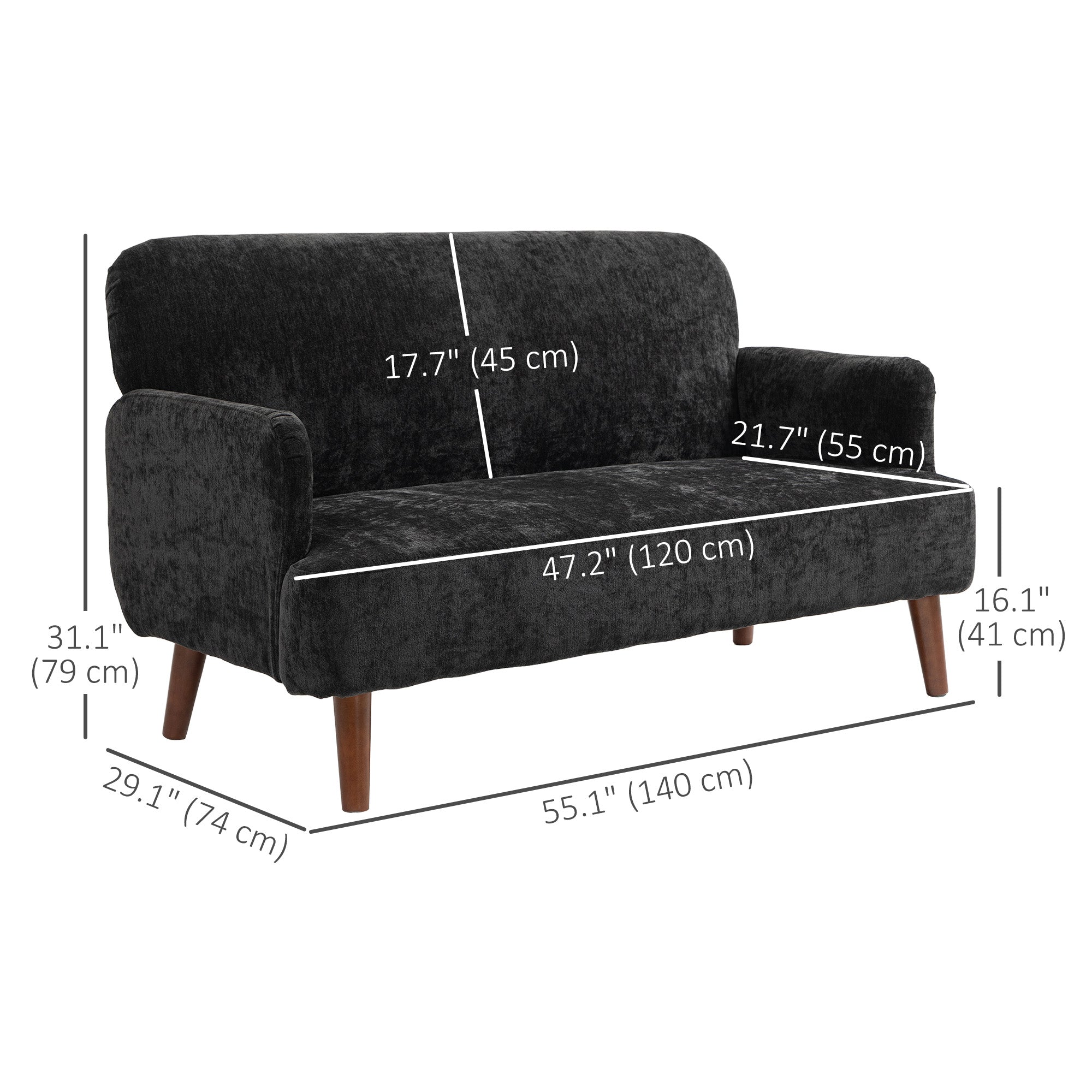 HOMCOM Velvet Feel Fabric 2 Seater Sofa, Small Sofa Loveseat with 8.3" Thick Padding and Wood Legs, Black 