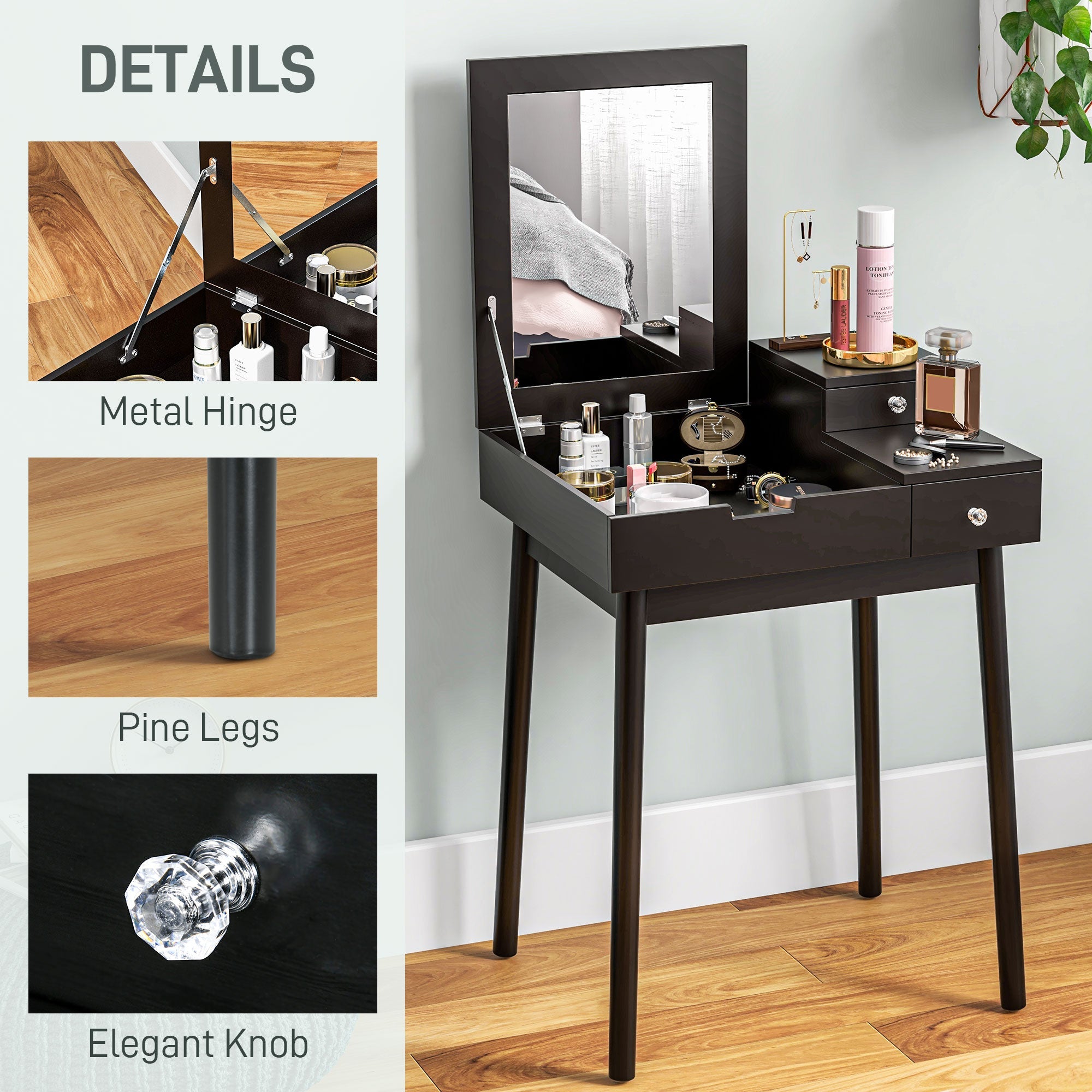 HOMCOM Makeup Vanity Table with Flip-up Mirror, Modern Dressing Table with 2 Drawers for Bedroom, Black 