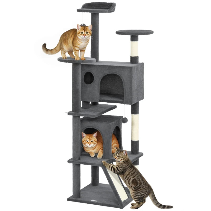 63" Cat Tree, Multi-Level Cat Tower with Scratching Posts, Cat Condos, Bed, Platforms, Ramp, Toy Ball, Dark Grey