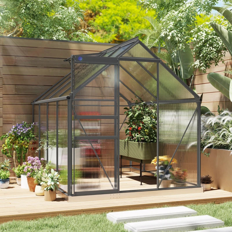 6' x 8' x 6.5' Polycarbonate Greenhouse, Walk-in Green House with Adjustable Roof Vent Galvanized Base Sliding Door Rain Gutter for Outdoor Garden Backyard, Charcoal Grey