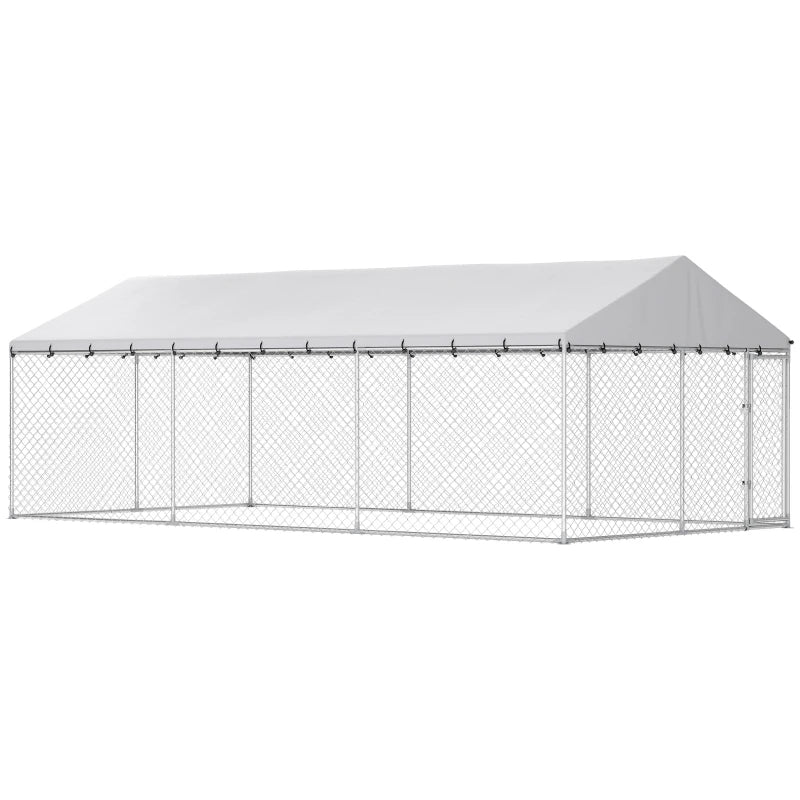 Galvanized Steel Outdoor Dog Kennel with Roof, Safety Locks, for Backyard, 19.7' x 9.8' x 7.1'
