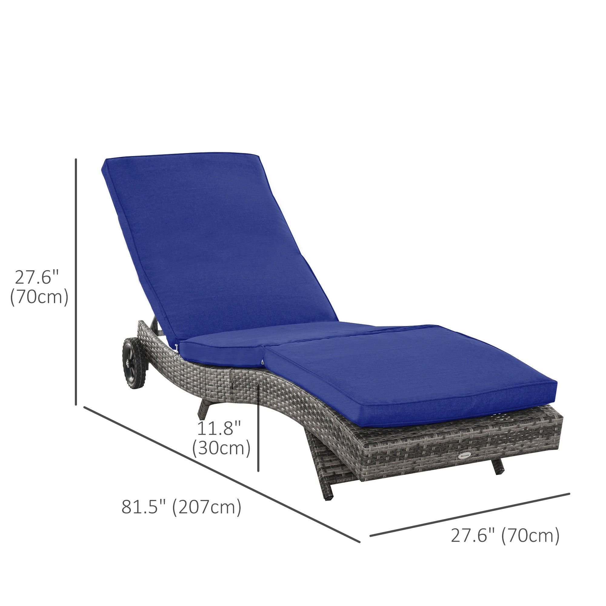 Outsunny Adjustable Wicker Chaise Lounge Chair Outdoor with Cushion Wheels for Patio Deck Poolside Dark Blue 