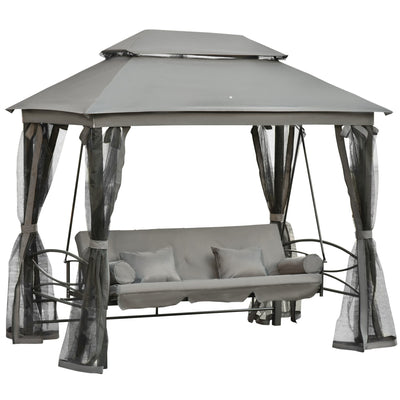 Outsunny 3 Person Outdoor Patio Daybed 3 in 1 Canopy Gazebo Swing Chair Garden Hammock with Mesh Mosquito Net and Sun Shade Grey 