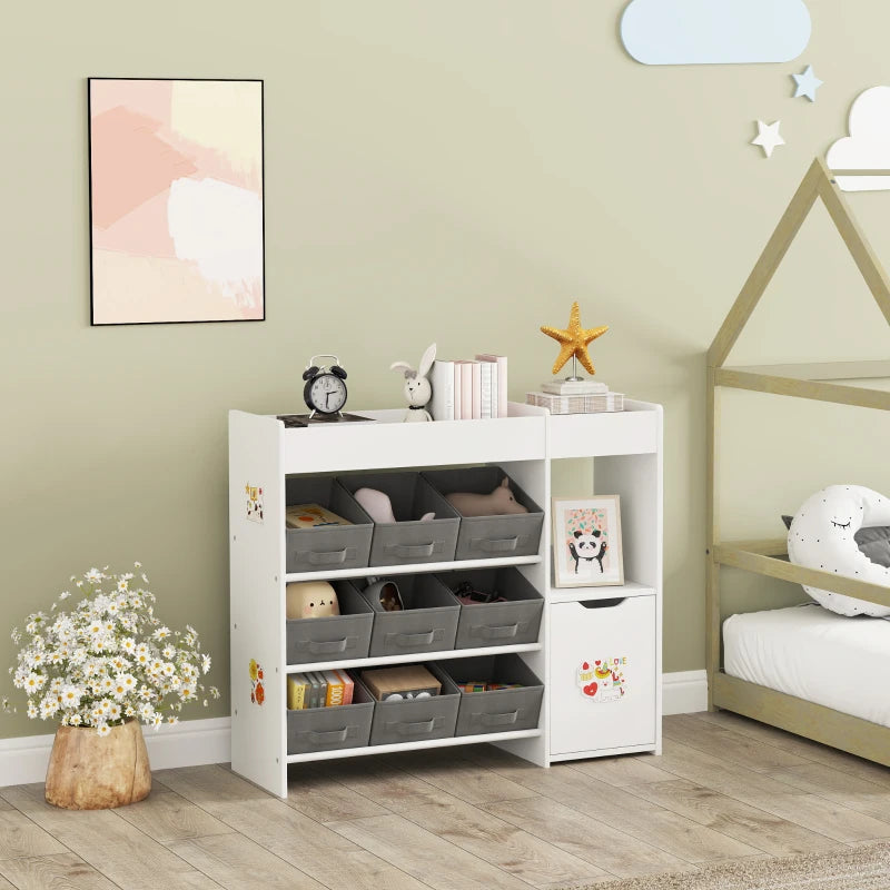 Qaba Toy Storage Organizer with 9 Non-Woven Fabric Boxes, Storage Cabinet & Shelves, for Kids Room, Nursery, Playroom, White