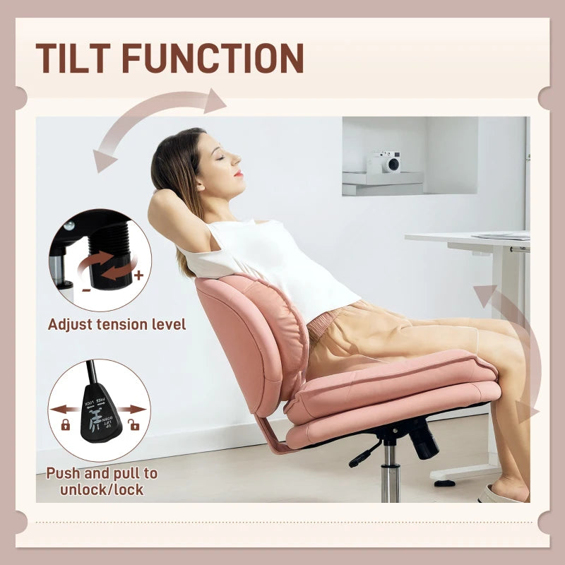 Criss Cross Chair, Armless Wide Office Chair with Leathaire Upholstery, Tilting, No Wheels, Pink