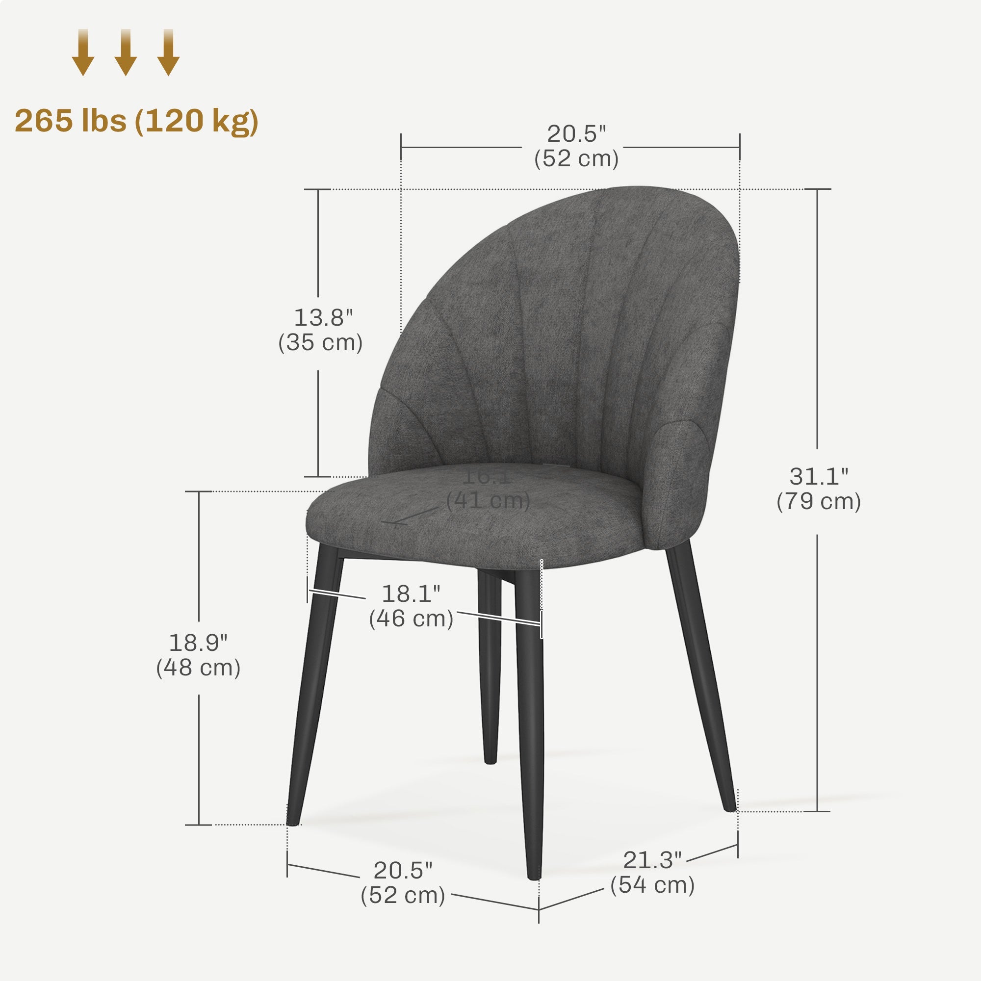 HOMCOM Modern Dining Chairs Set of 4, Upholstered Dining Room Chairs with Metal Legs, Shell Backrest, Padded Seat, Dark Grey 