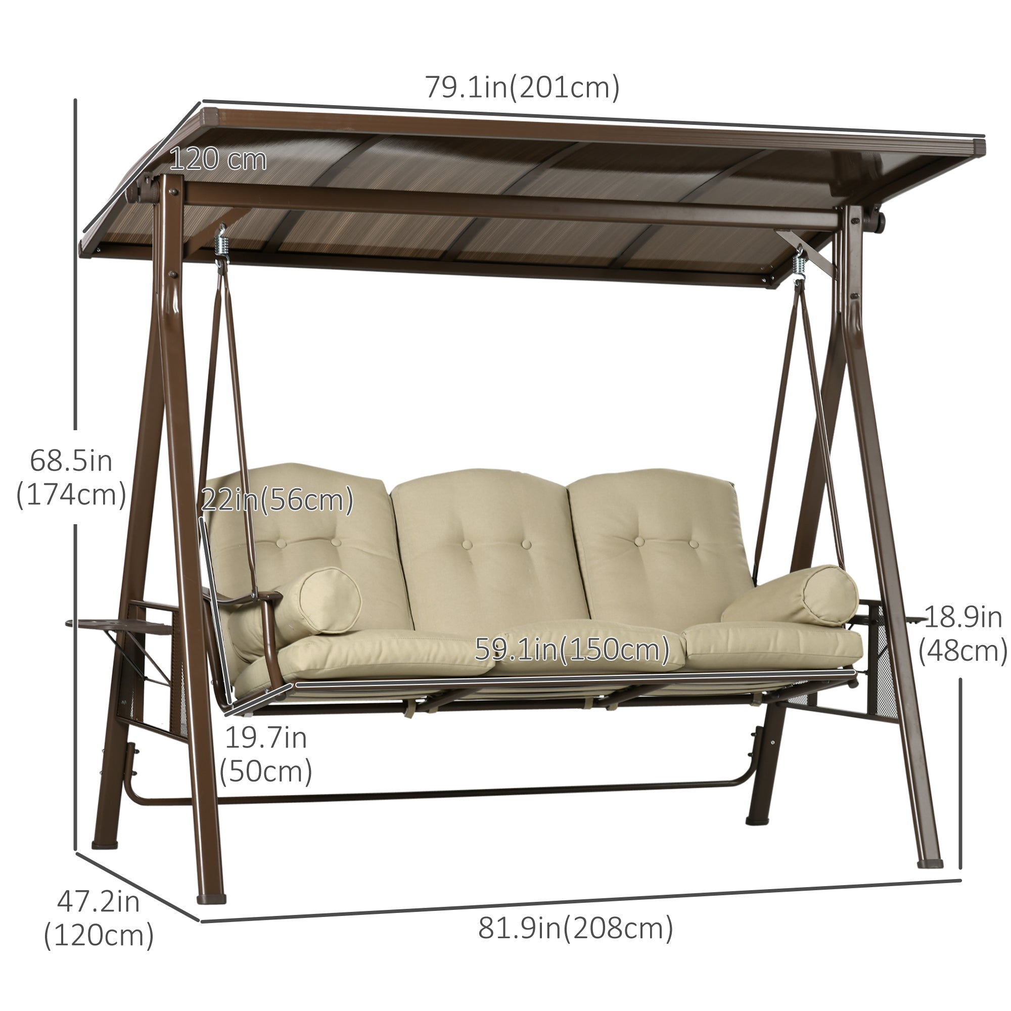 Outsunny 3-Seat Outdoor Canopy Swing Chair, Comfortable Glider with Cushion & Pillows, Adjustable Polycarbonate Roof for Porch 