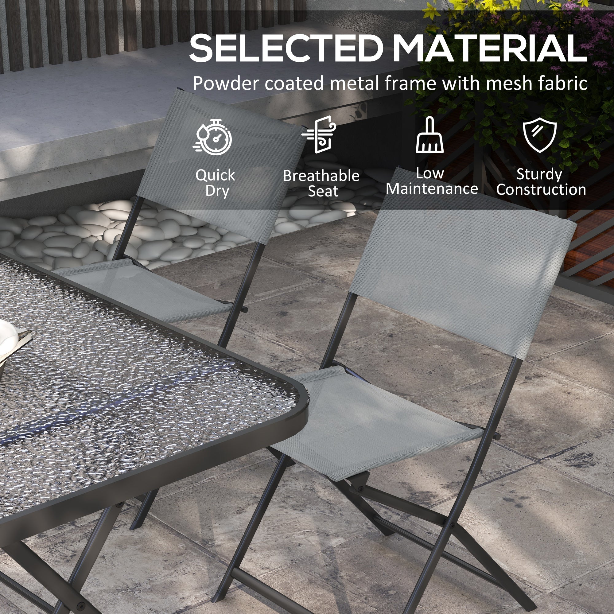Outsunny Patio Dining Set 5 Pieces Foldable Table and Chairs Glass Top Rectangle Table Stackable Chairs Grey 