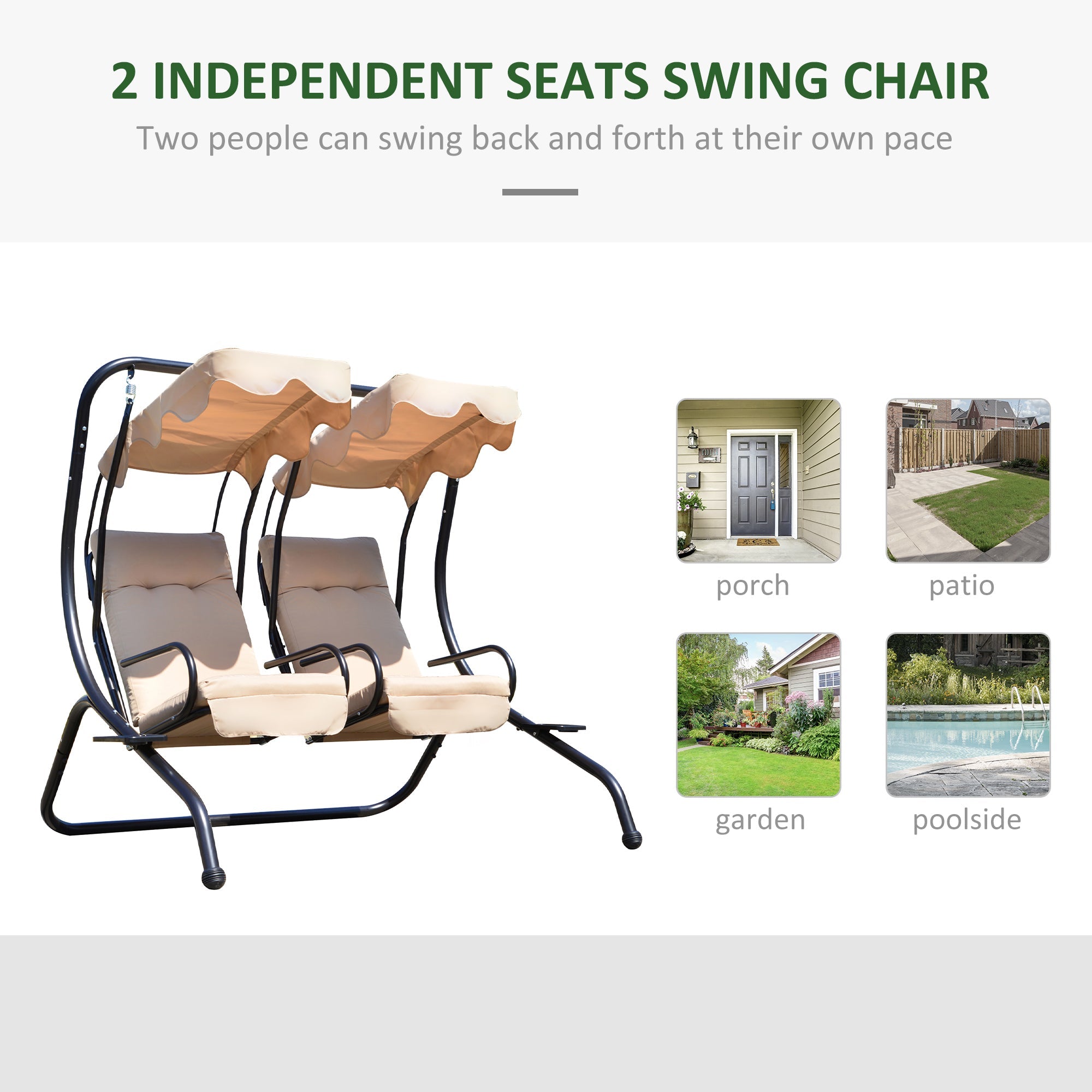 Outsunny Luxury Metal Swing Chair 2 Seater Hammock Heavy-Duty with Canopy Cushions Beige 