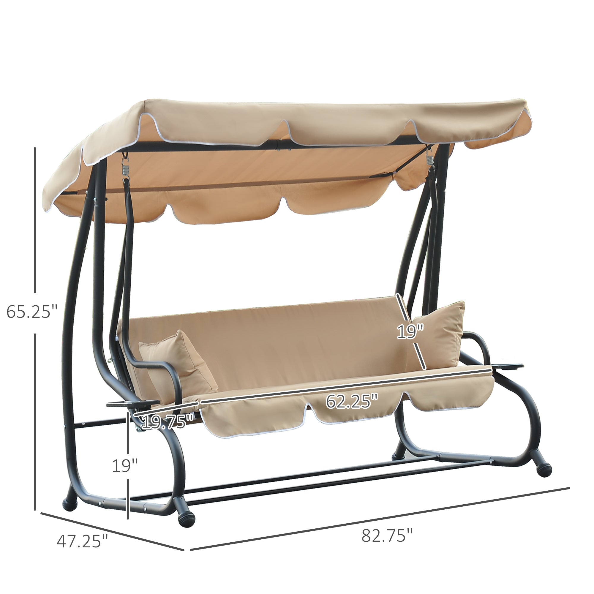 Outsunny Heavy-duty Metal 3 Seater Outdoor Swing Chair Garden Hammock Bed with Canopy and 2 Pillows Beige 
