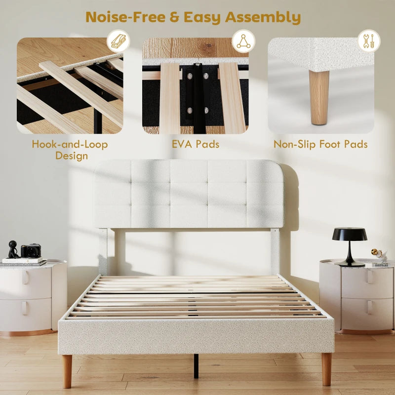 Queen Size Bed Frame with Adjustable Headboard Upholstered Platform Bed Frame with Wood Slat Support Noise Free White
