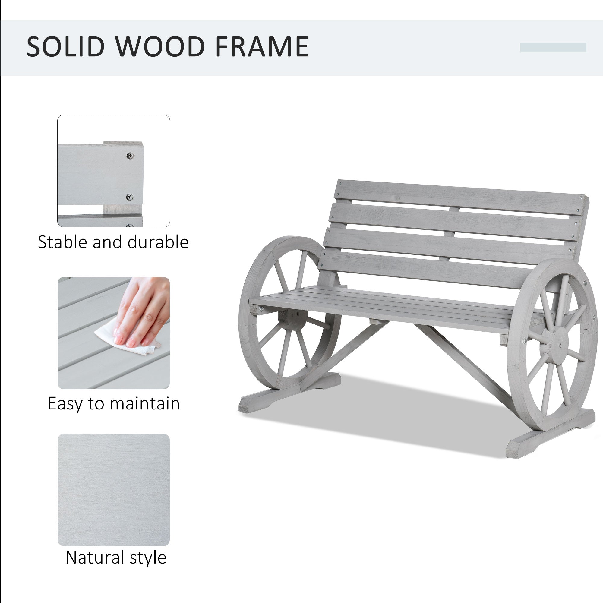 Outsunny 42" Wood Wagon Wheel Bench Rustic Garden Loveseat Outdoor Lounge Chair Grey 