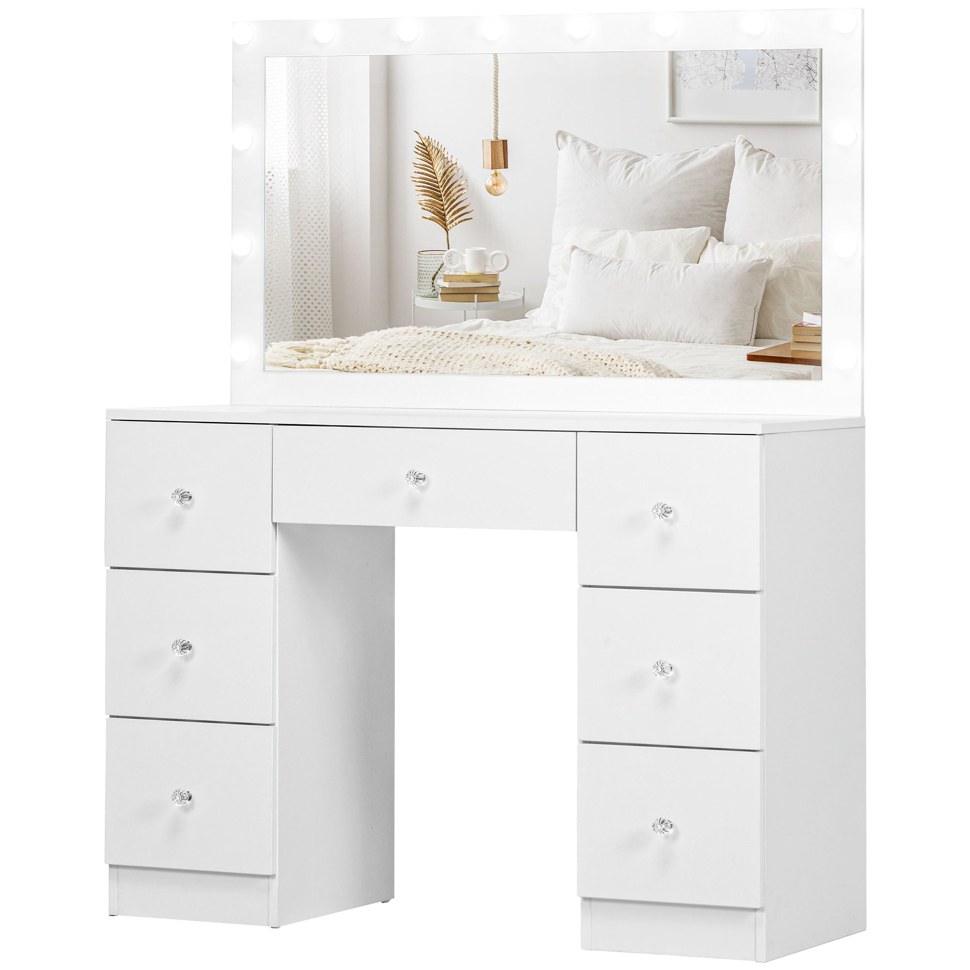 HOMCOM Makeup Vanity Table, Dressing Table with Mirror and Lights, Modern Makeup Table with 7 Drawers and 10 LED Lights, White 